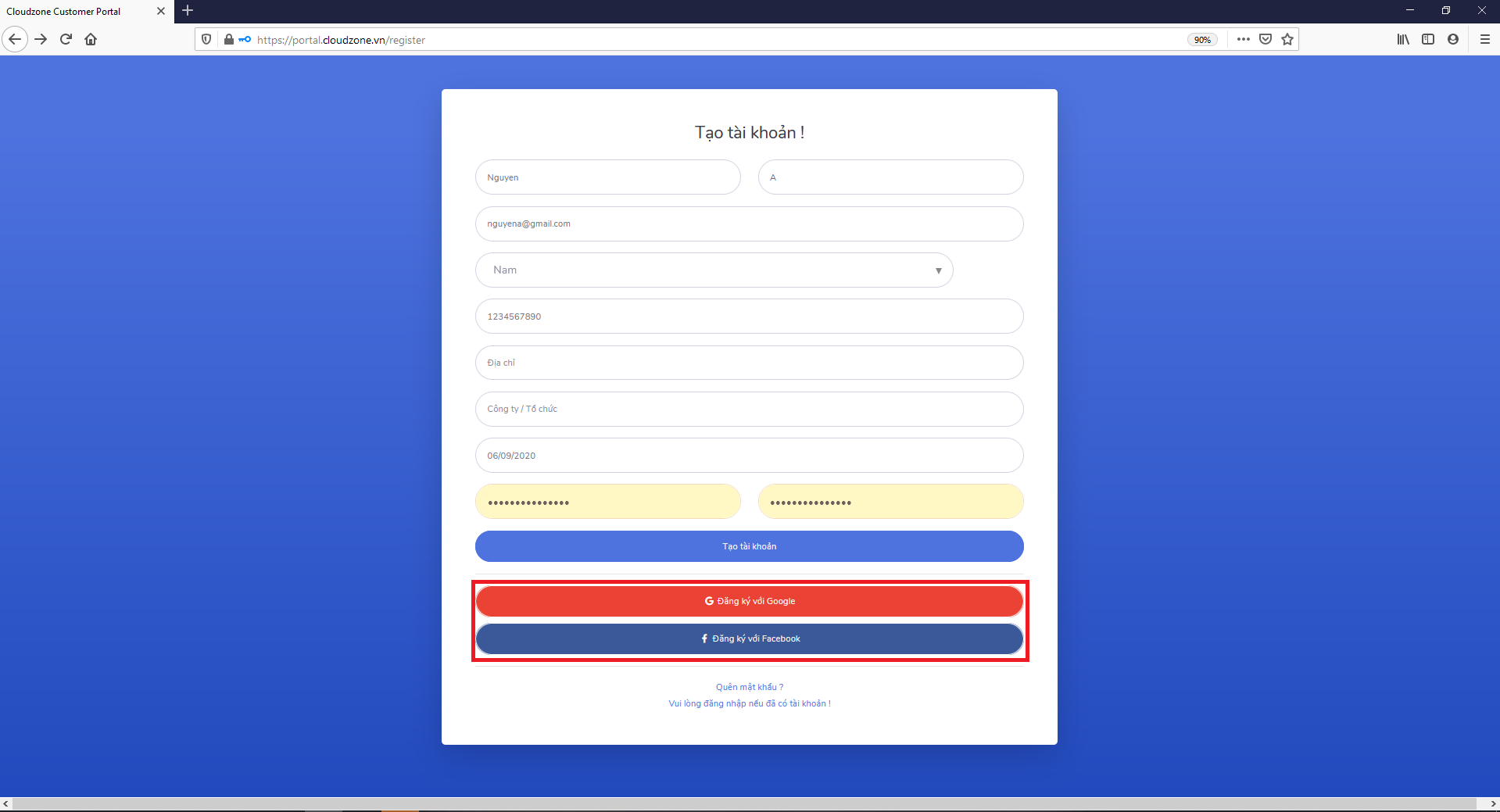 Đăng ký tài khoản Portal