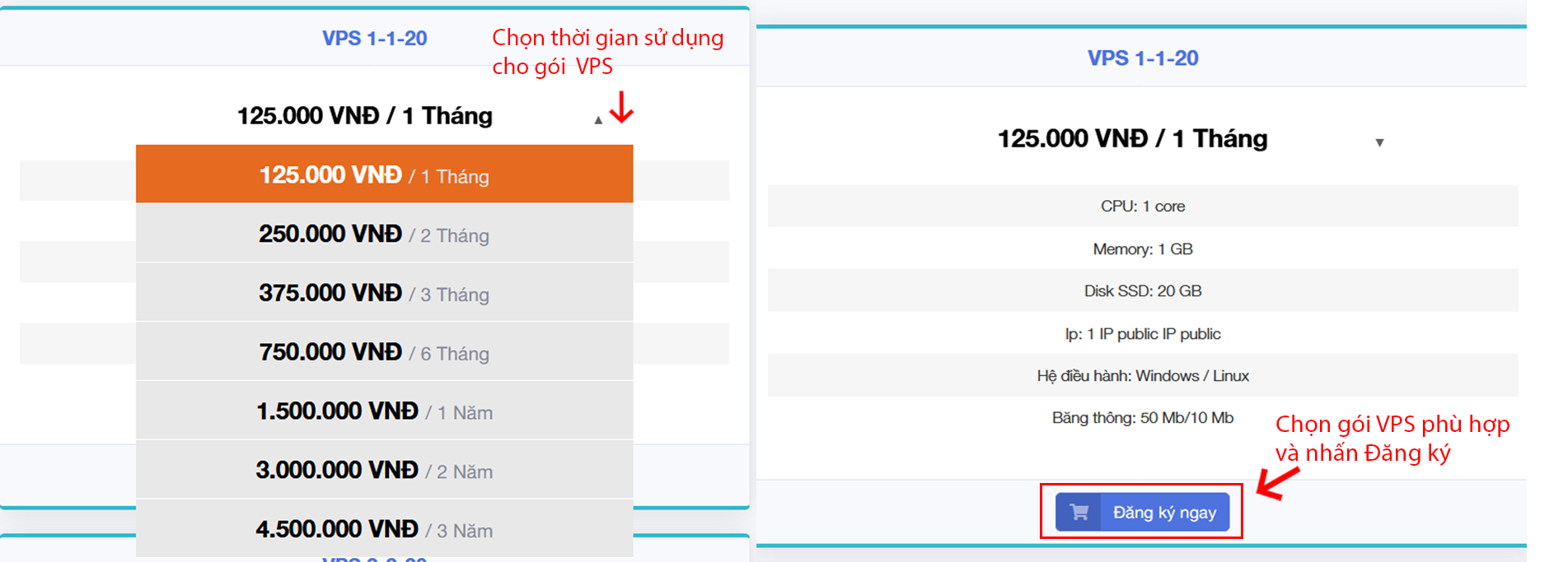 Chọn gói VPS và thời gian sử dụng phù hợp với nhu cầu.
