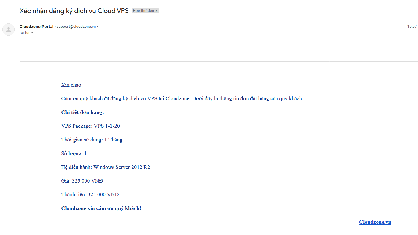 Email xác nhận đăng ký VPS