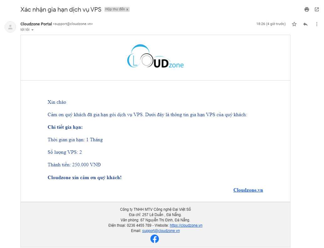 Email xác nhận yêu cầu gia hạn VPS