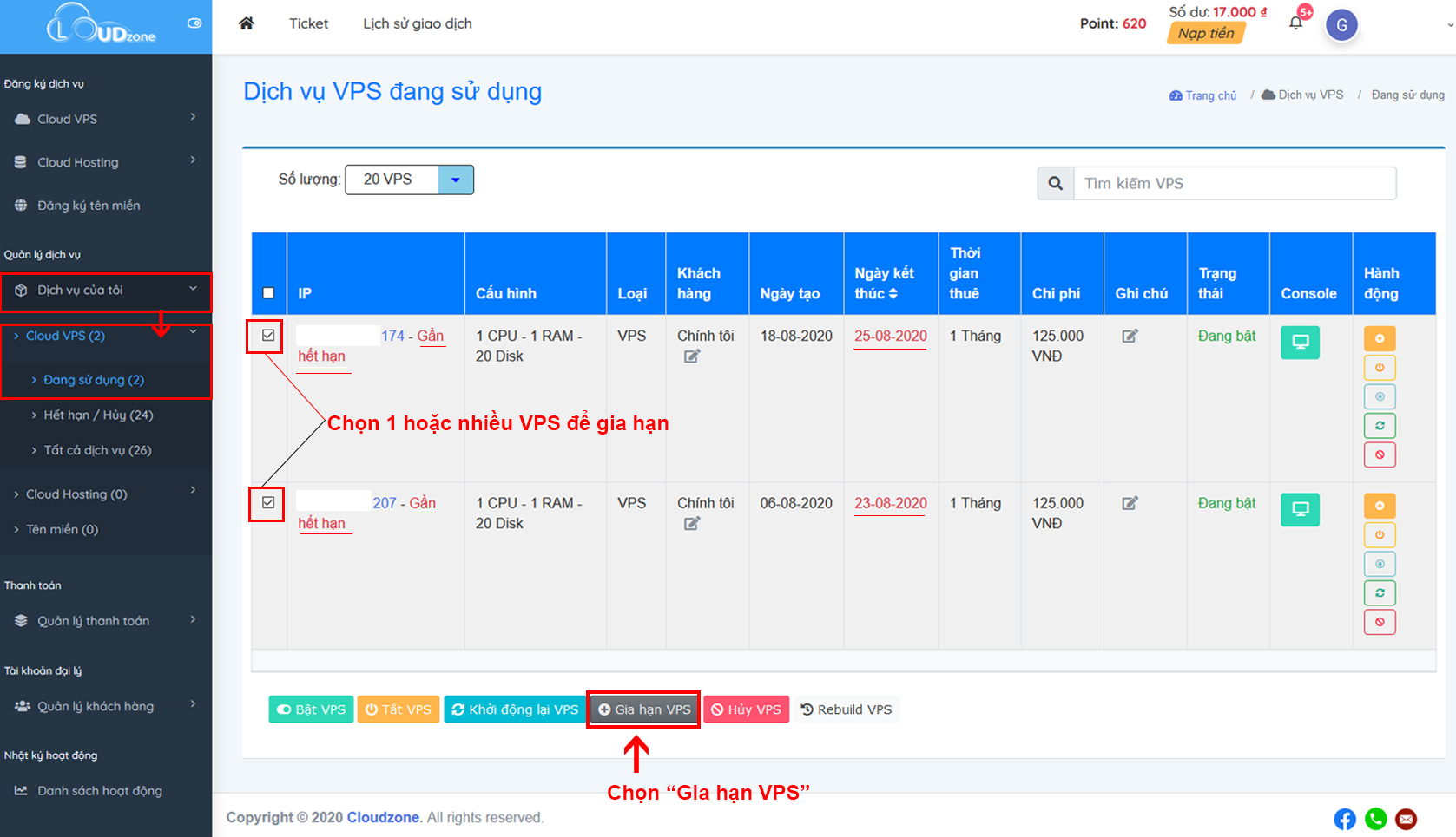 Chọn VPS hết hạn để tiến hành Gia hạn