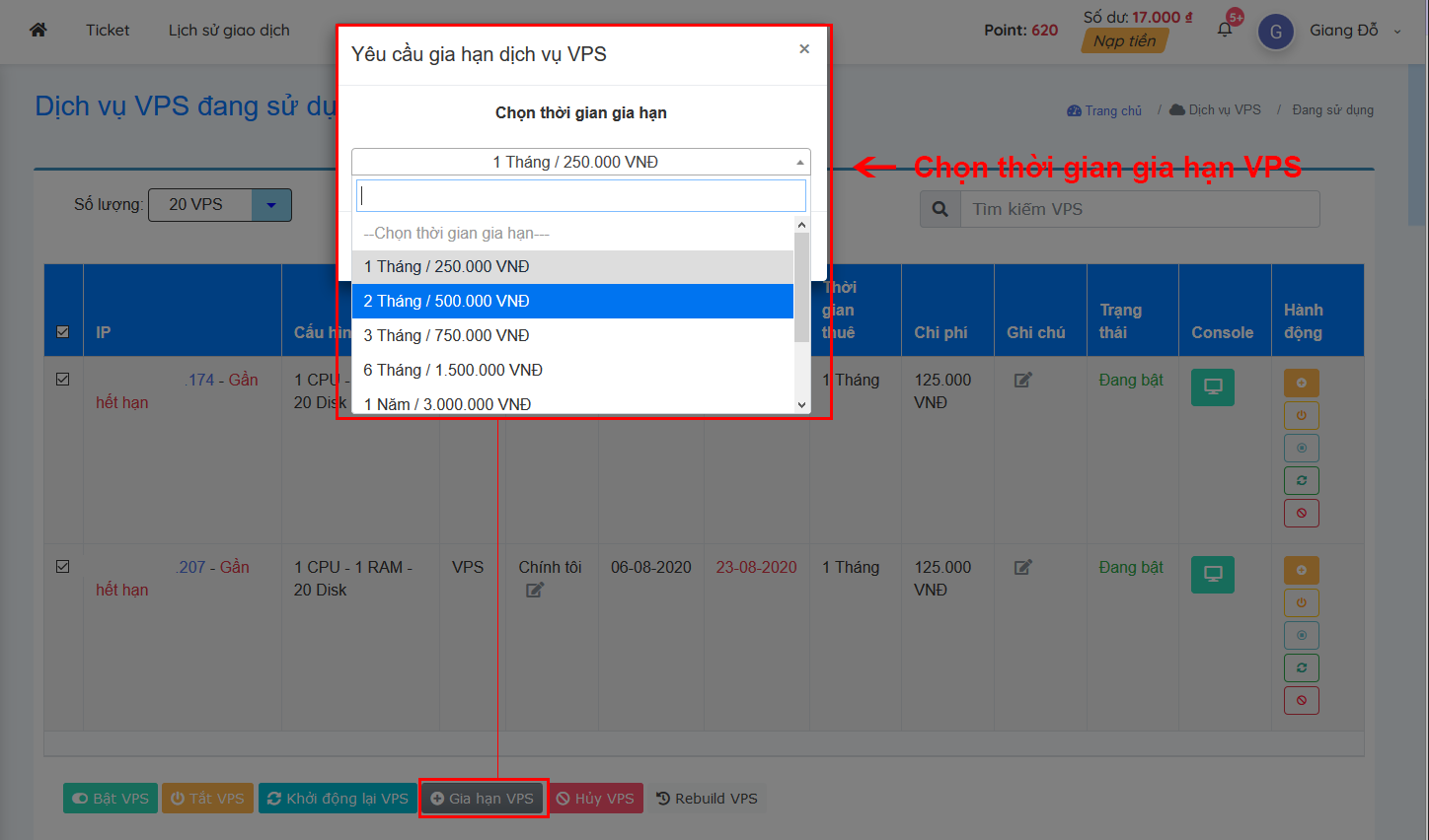 Chọn thời gian gia hạn VPS