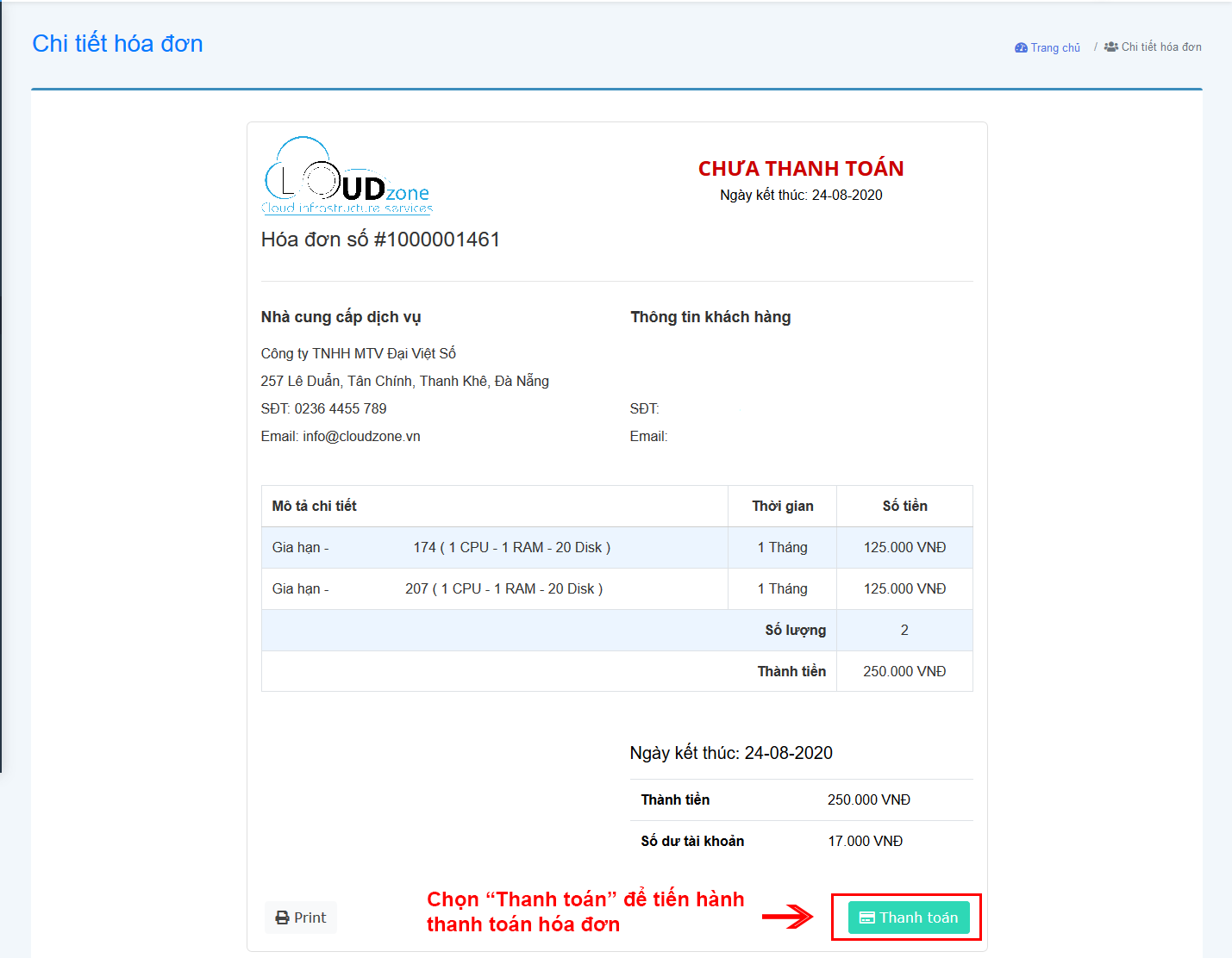 Thanh toán hóa đơn Gia hạn VPS