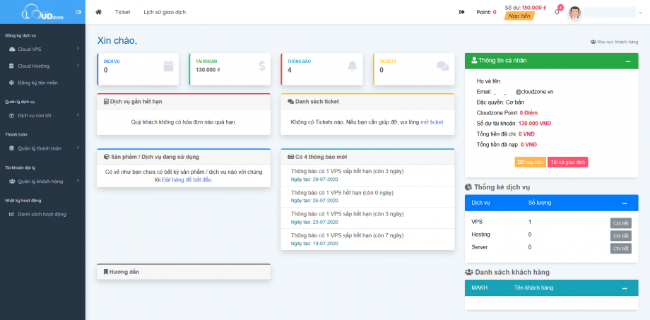 Chúc mừng bạn đã đăng nhập Cloudzone Portal thành công!