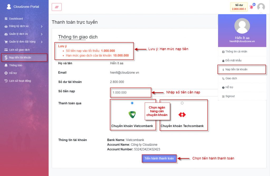 4. Nạp tiền tài khoản - CloudZone Support