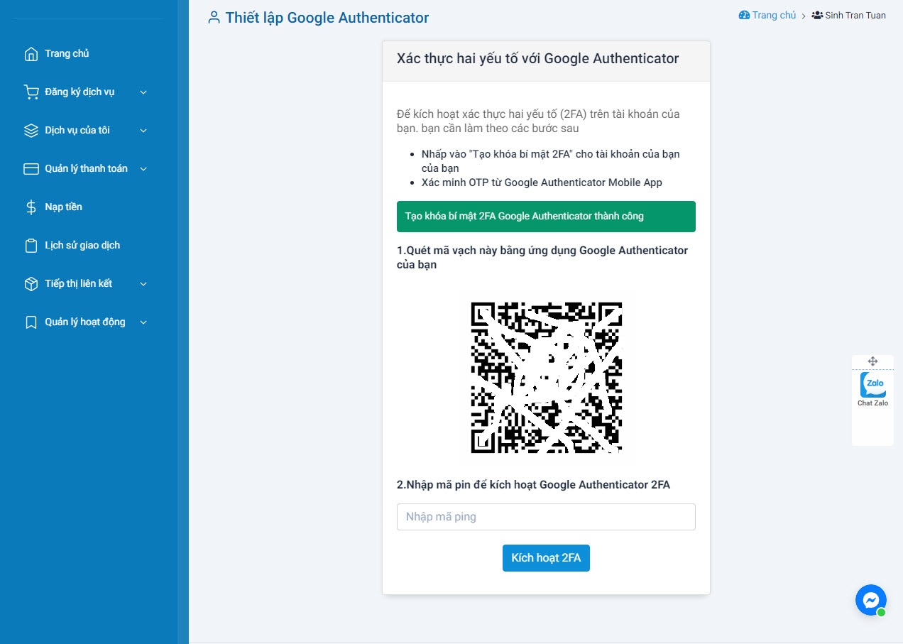 Dùng ứng dụng Google Authenticator quét mã vạch và nhập mã kích hoạt