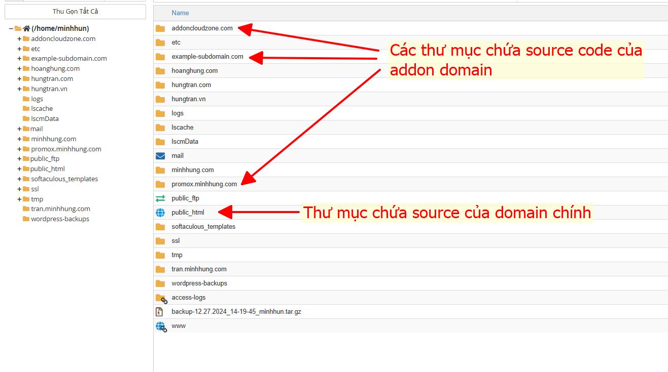 Các thư mục của addon domain được tạo sau khi thêm vào
