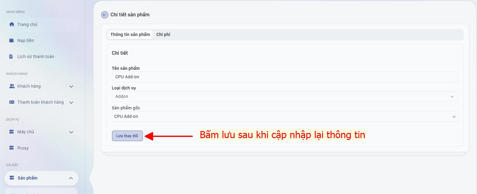Bấm lưu nếu cập nhập lại thông tin