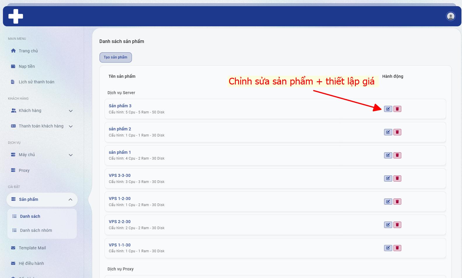 Click nút edit để chỉnh sửa sản phẩm