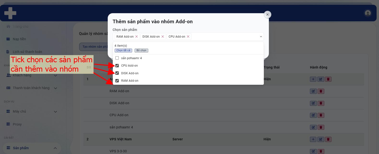 Tick chọn sản phẩm cần thêm vào nhóm