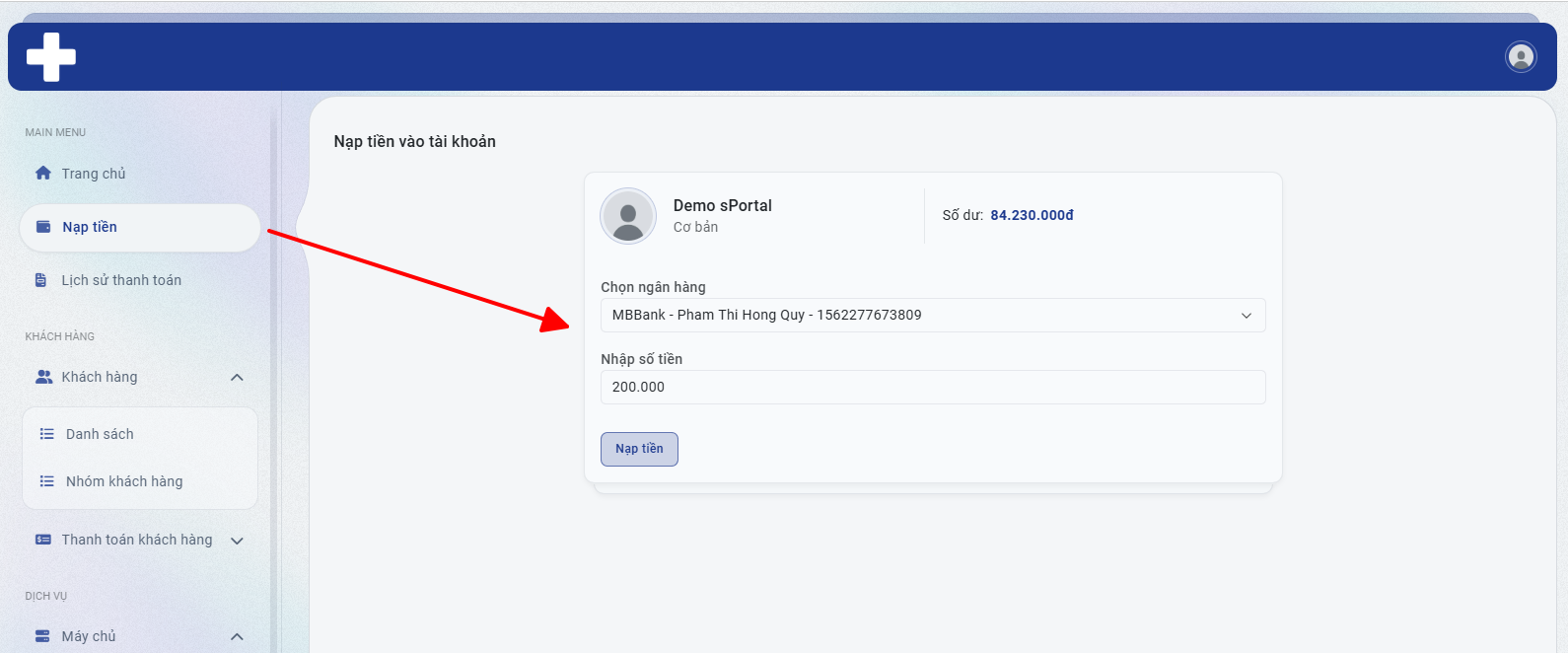 Nhập số tiền cần nạp