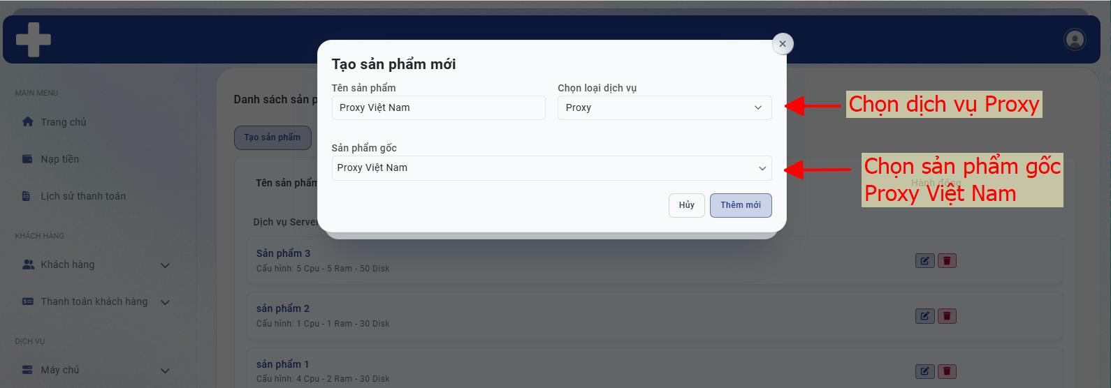 Tạo sản phẩm Proxy Việt Nam