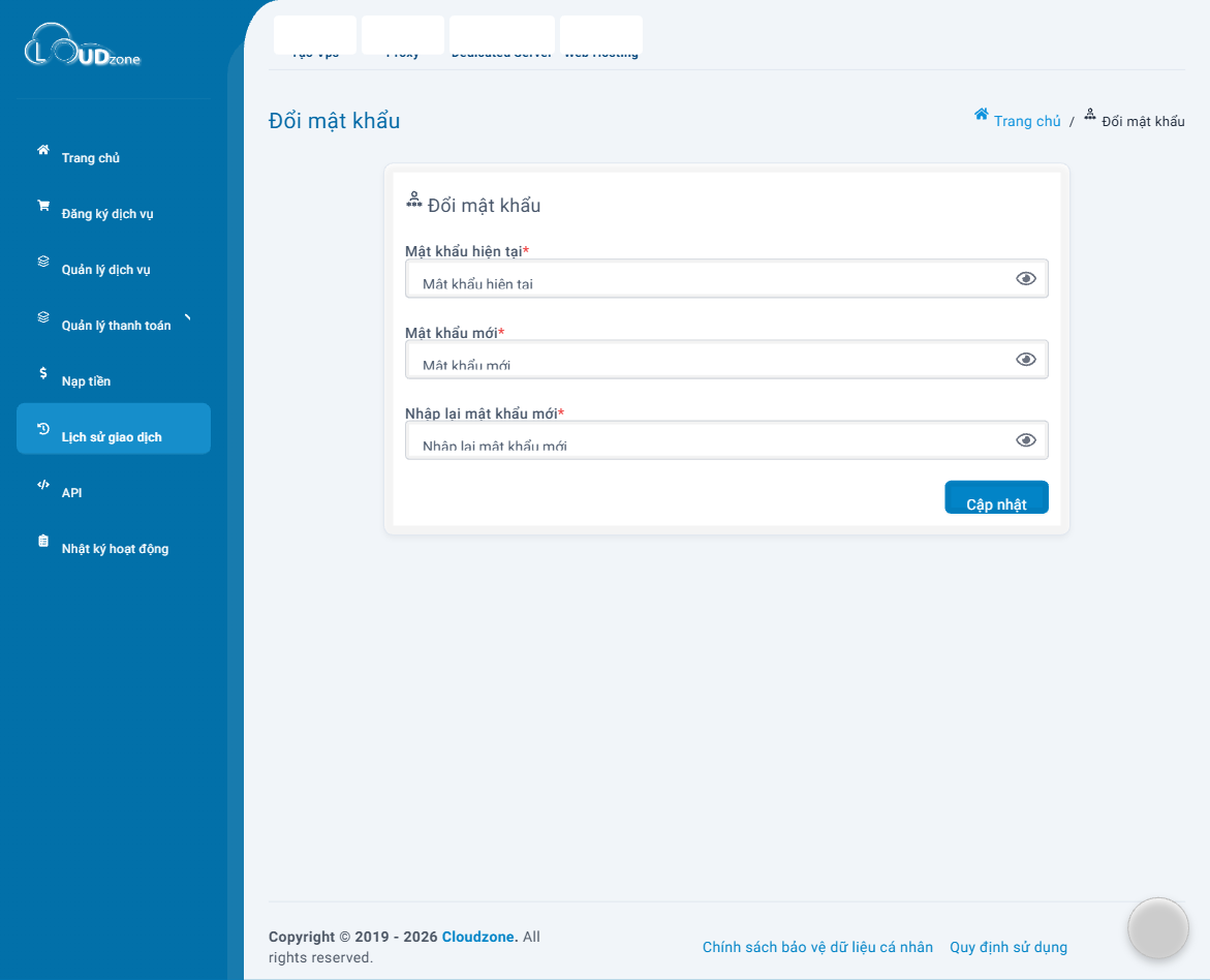 Trang Đổi mật khẩu trên Cloudzone Portal với ba ô nhập mật khẩu