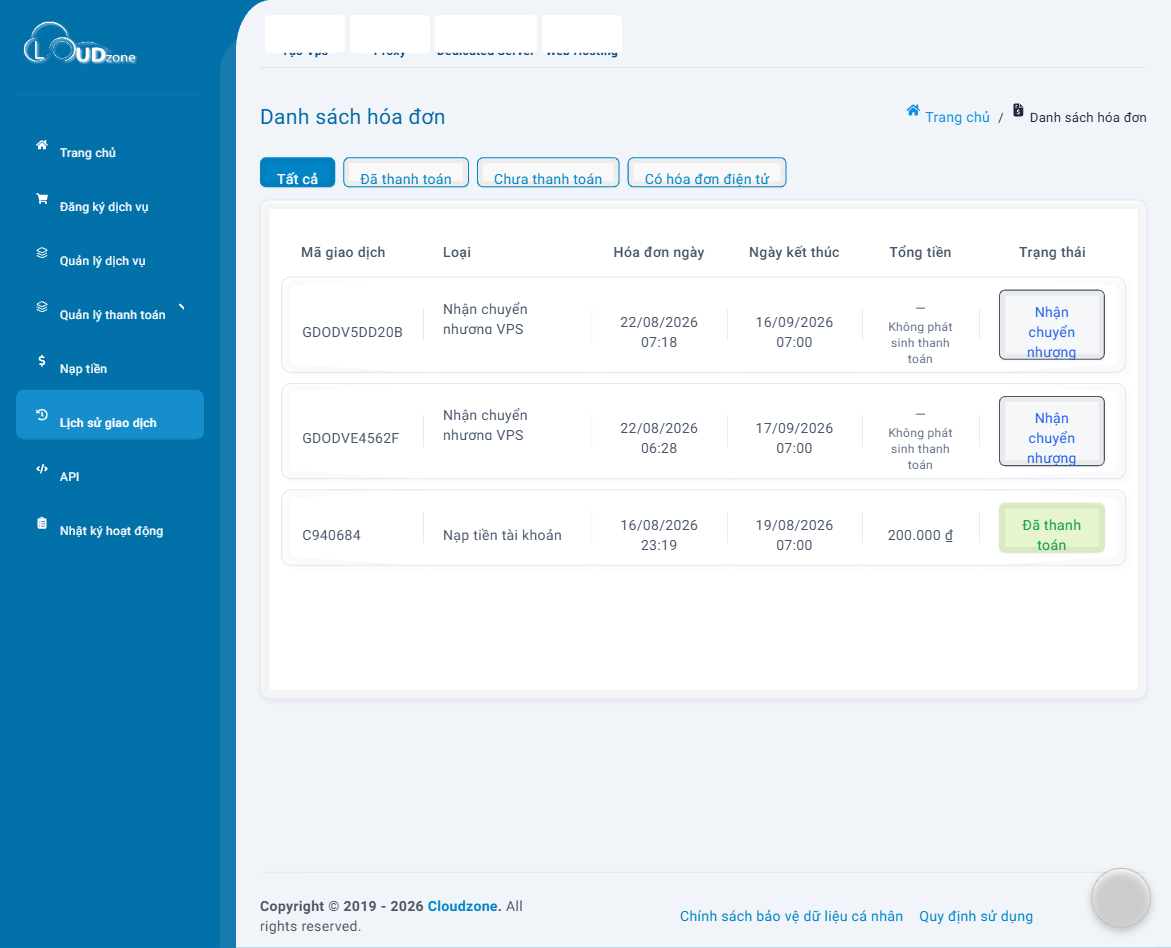 Trang Danh sách hóa đơn trên Cloudzone Portal với bộ lọc trạng thái thanh toán
