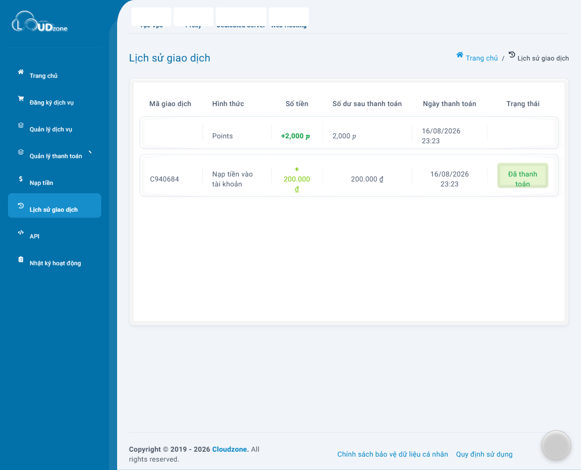 Trang Lịch sử giao dịch trên Cloudzone Portal với bảng mã giao dịch, số tiền và trạng thái