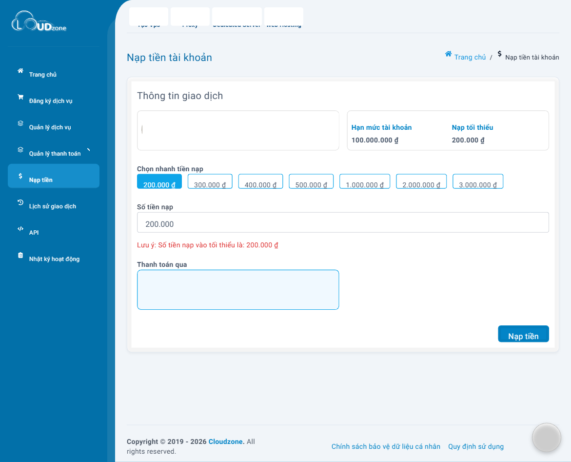 Trang Nạp tiền tài khoản trên Cloudzone Portal với các mức chọn nhanh và ô số tiền nạp