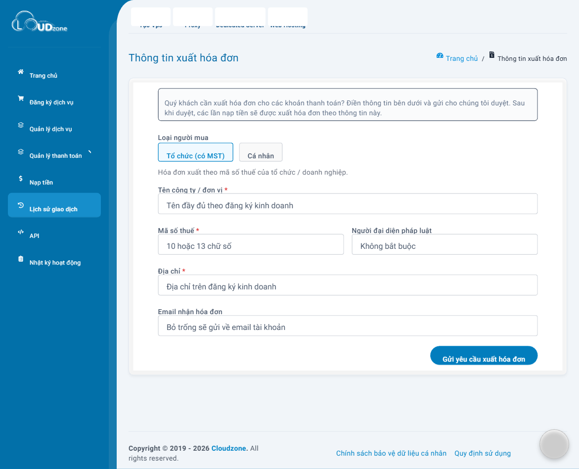 Form Thông tin xuất hóa đơn trên Cloudzone Portal với lựa chọn tổ chức hoặc cá nhân