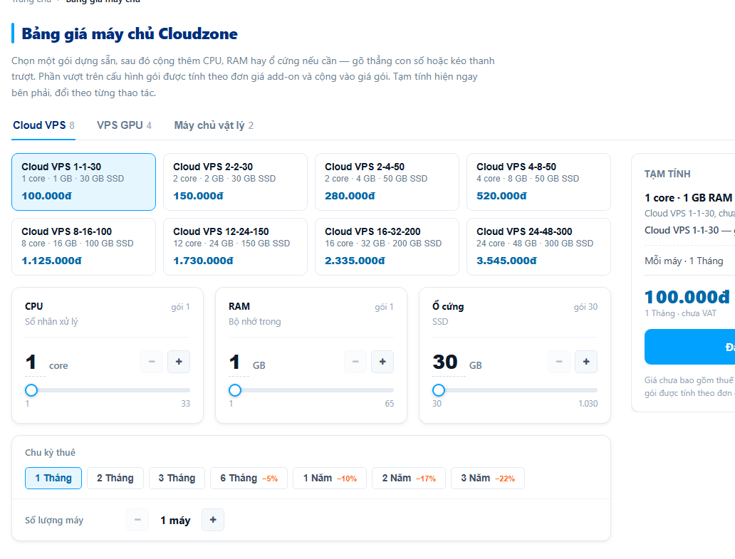 Bảng giá Cloud VPS: chọn gói, kéo thêm CPU RAM ổ cứng, ô tạm tính bên phải
