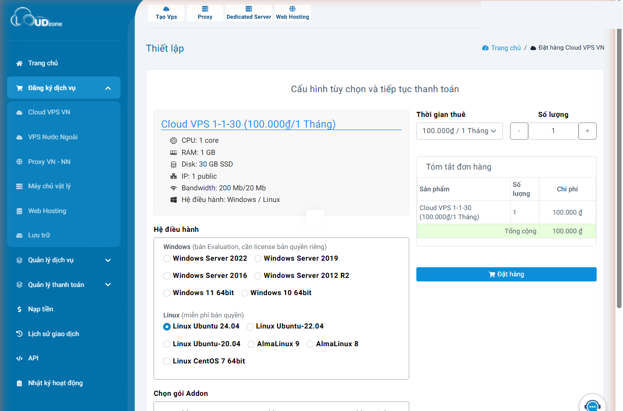 Trang đơn hàng Cloud VPS trong Portal: thông số gói, chọn hệ điều hành, tóm tắt đơn hàng và nút Đặt hàng