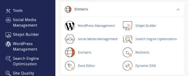 Nhóm Domains trong cPanel chỉ còn các mục Domains, Redirects, Zone Editor và Dynamic DNS