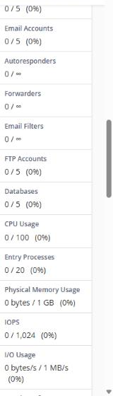 Bảng hạn mức bên phải màn hình cPanel