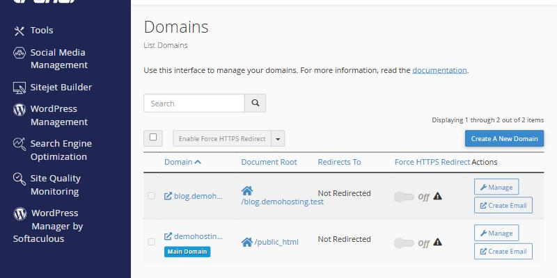 Màn hình danh sách tên miền của gói hosting