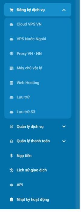 Menu đăng ký dịch vụ