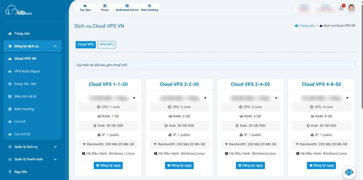Danh sách gói Cloud VPS