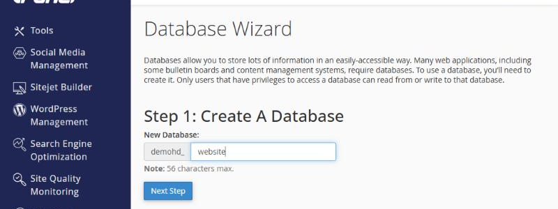 Database Wizard bước 1, ô đặt tên cơ sở dữ liệu