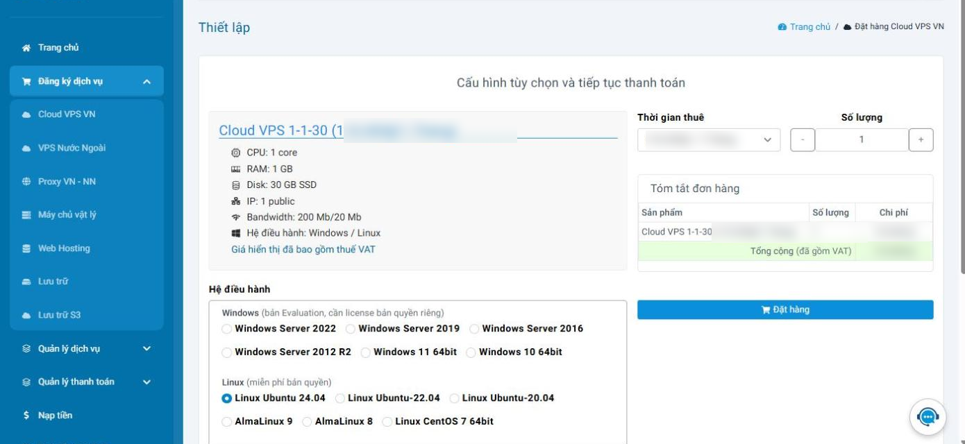 Trang thiết lập dịch vụ VPS