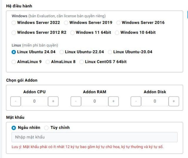 Phần chọn gói Addon và đặt mật khẩu