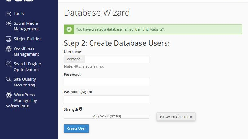 Database Wizard bước 2, tạo người dùng cơ sở dữ liệu
