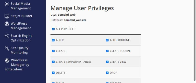 Màn hình cấp quyền với ô ALL PRIVILEGES đã tích