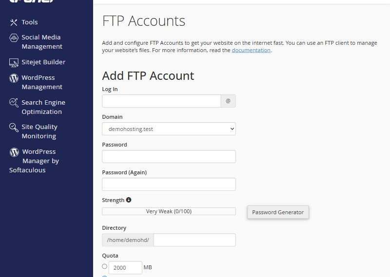 Màn hình tạo tài khoản FTP