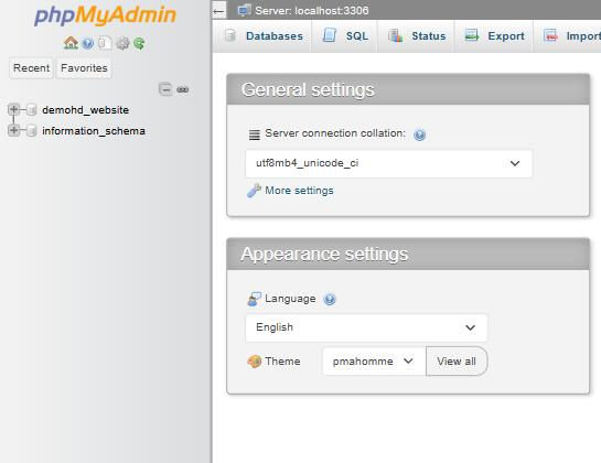 Giao diện phpMyAdmin
