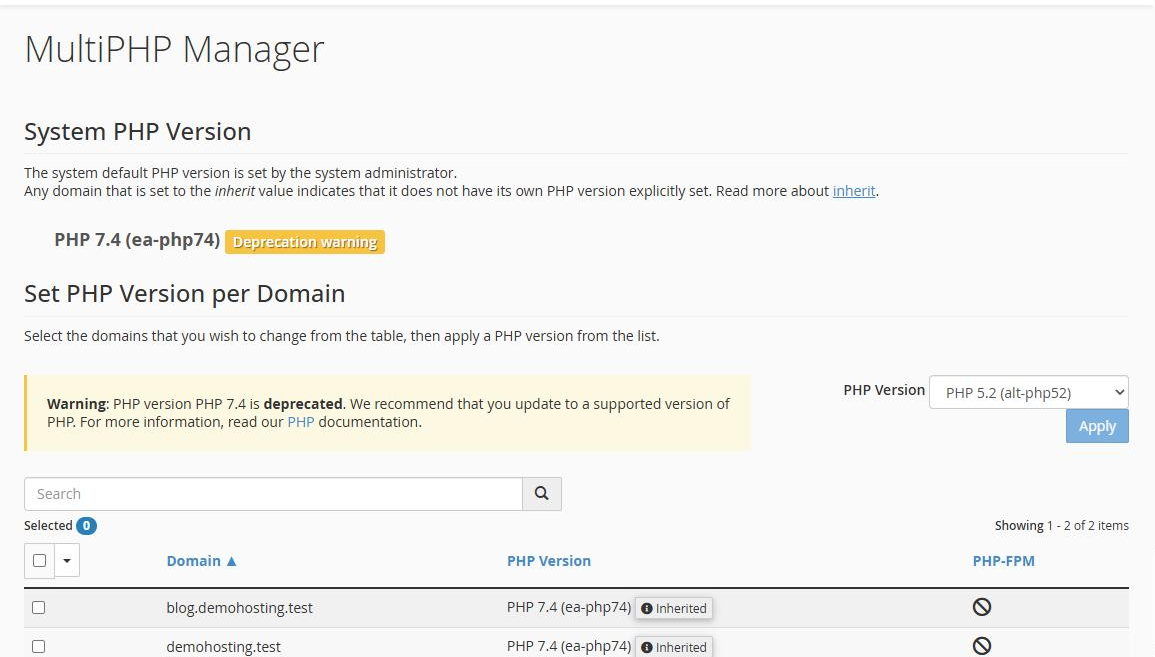 Màn hình MultiPHP Manager trong cPanel