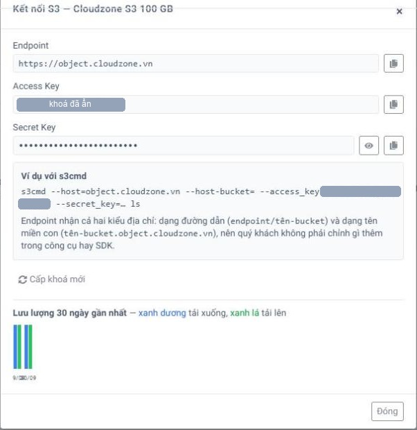 Hộp thoại Khoá kết nối Object Storage trong Portal Cloudzone: endpoint, access key, secret key