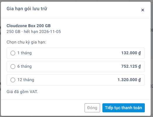 Hộp thoại gia hạn gói Cloudzone Box