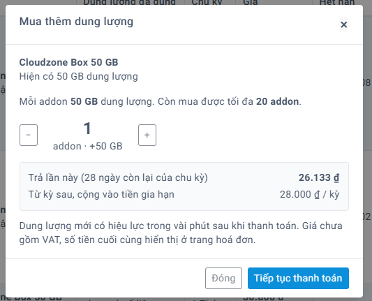Hộp thoại mua thêm dung lượng Cloudzone Box
