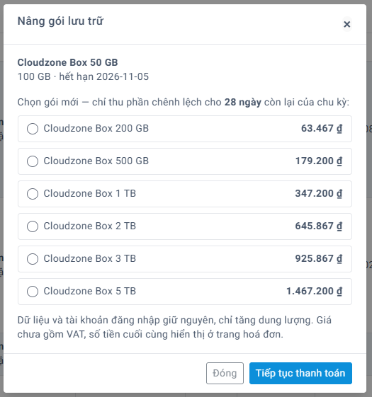Hộp thoại nâng gói Cloudzone Box