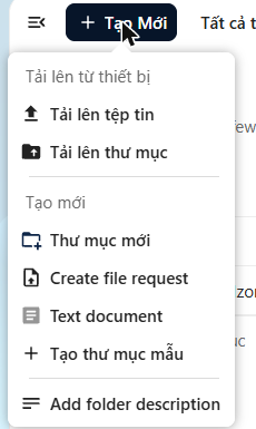 Menu Tạo Mới trong Cloudzone Box