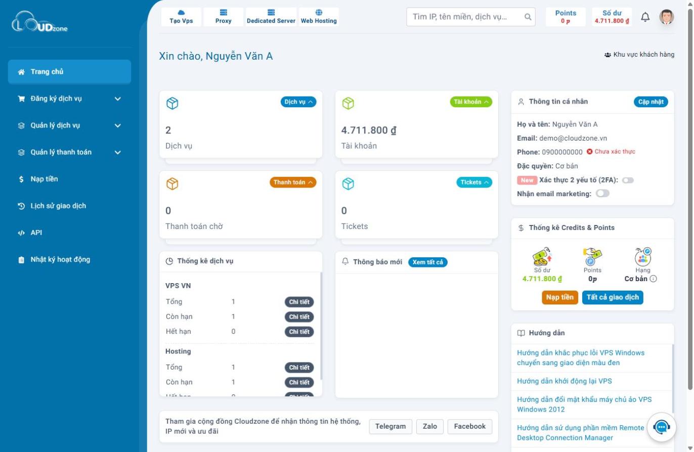Trang chủ Portal: bốn thẻ tóm tắt ở trên, thông tin tài khoản bên phải, menu dịch vụ bên trái.