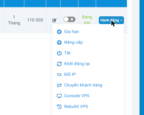 Menu Hành động của một VPS Việt Nam.