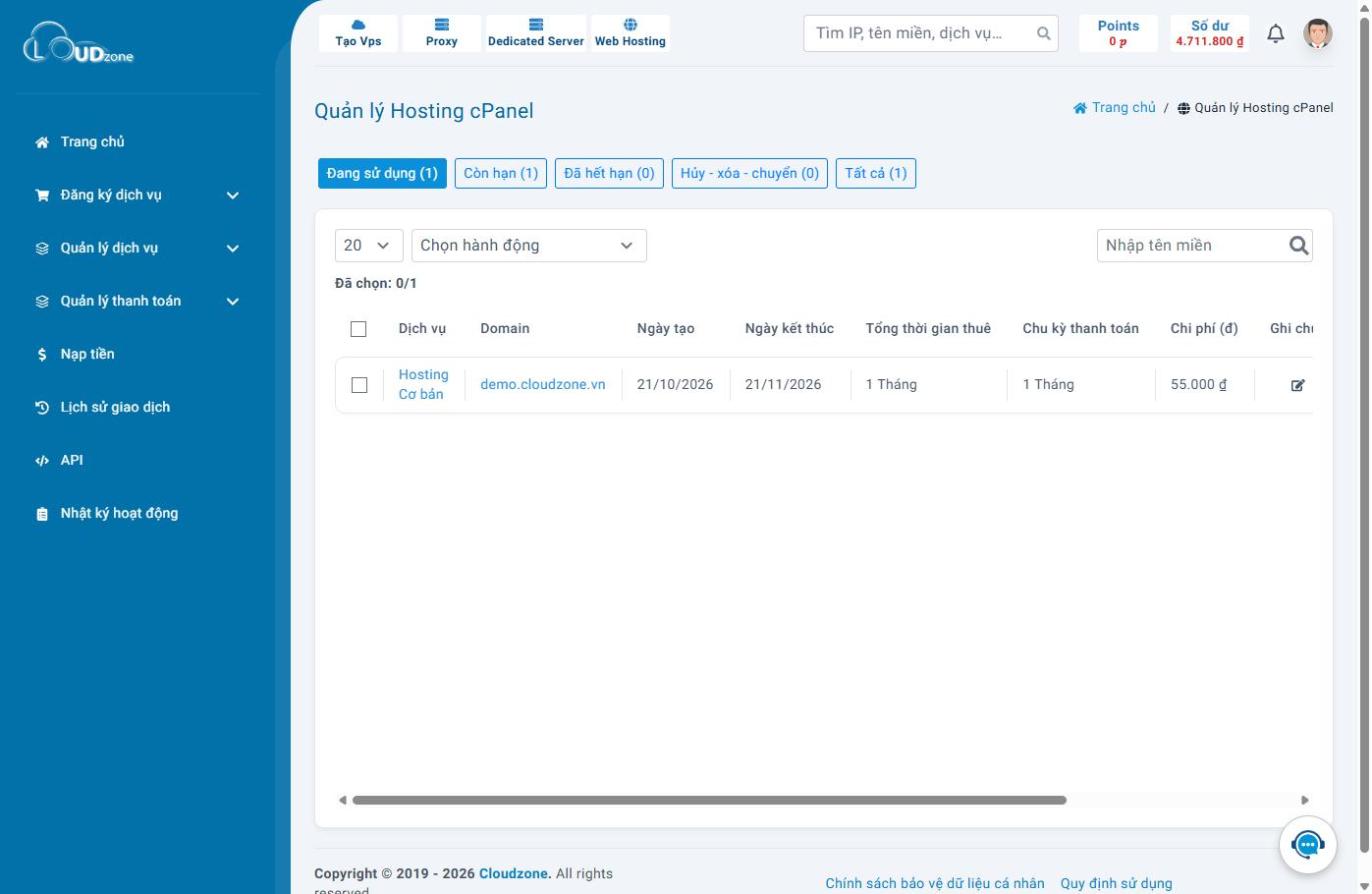 Màn quản lý Hosting cPanel.