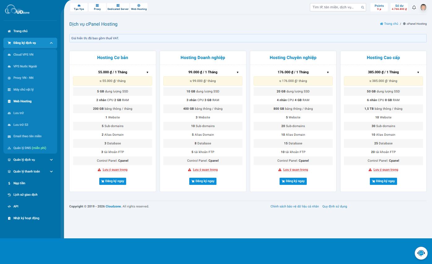 Bốn gói Web Hosting cPanel, giá đã gồm VAT.