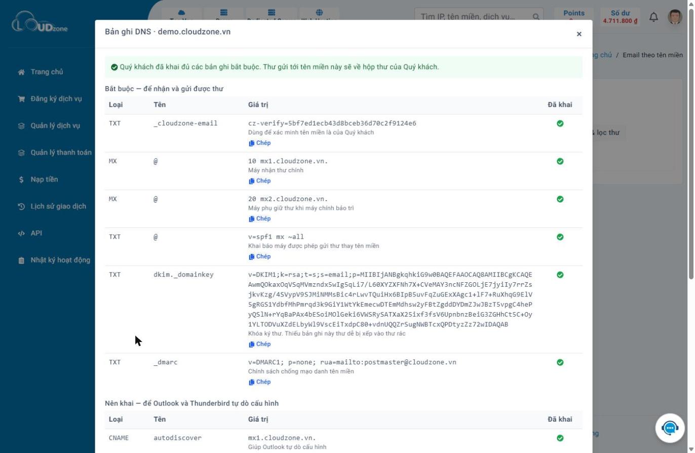 Bảng bản ghi DNS của Email theo tên miền sau khi đã khai đủ: mỗi dòng có dấu tích xanh ở cột "Đã khai".