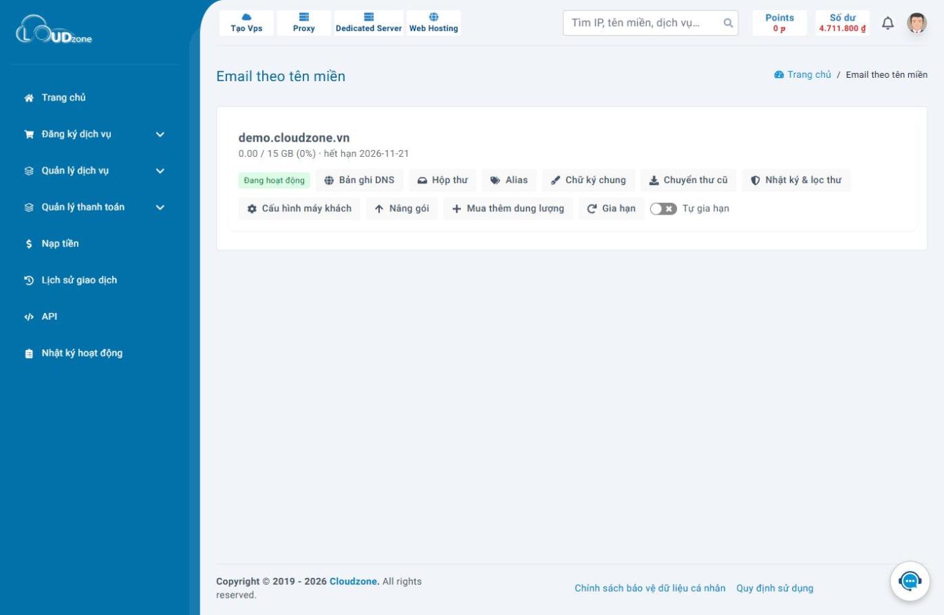 Dịch vụ Email theo tên miền sau khi xác minh xong.