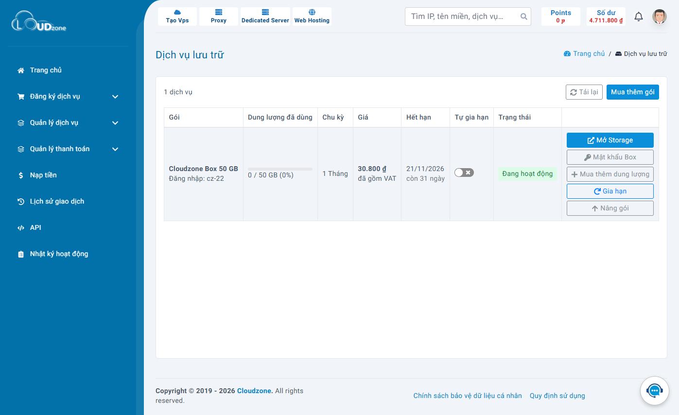 Màn quản lý Cloudzone Box: dung lượng đã dùng, hạn và các nút thao tác.