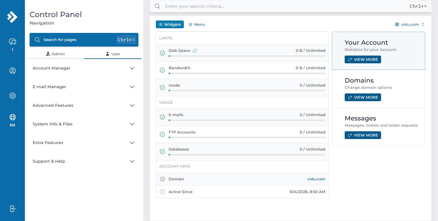 Bảng điều khiển DirectAdmin với giao diện Evolution, thanh điều hướng sáu nhóm bên trái