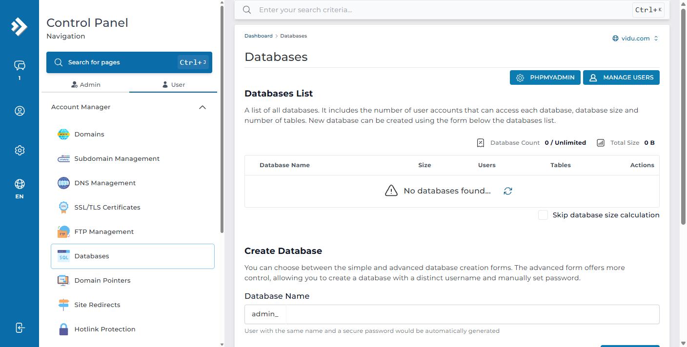 Trang Databases: nút PHPMYADMIN, MANAGE USERS, và ô Database Name đã có sẵn tiền tố tài khoản